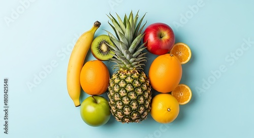 Vibrant assortment of fresh whole and sliced fruits on a light blue background