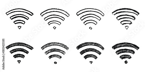Set of hand drawn free wifi spot zone sign Public wi-fi area sign Wireless internet clipart in doodle style Single element for print, web, design, decor 3G, 4G, 5G, 6G, IoT