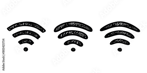 Set of hand drawn free wifi spot zone sign Public wi-fi area sign Wireless internet clipart in doodle style Single element for print, web, design, decor 3G, 4G, 5G, 6G, IoT