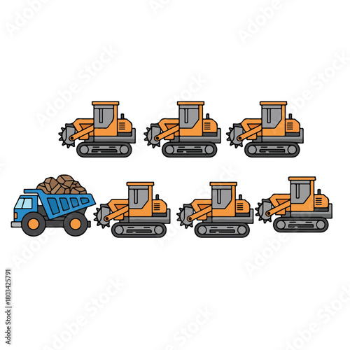 8 set surface miner driving a dump truck full of rocks, flat design, simple and minimalistic illustration, white background