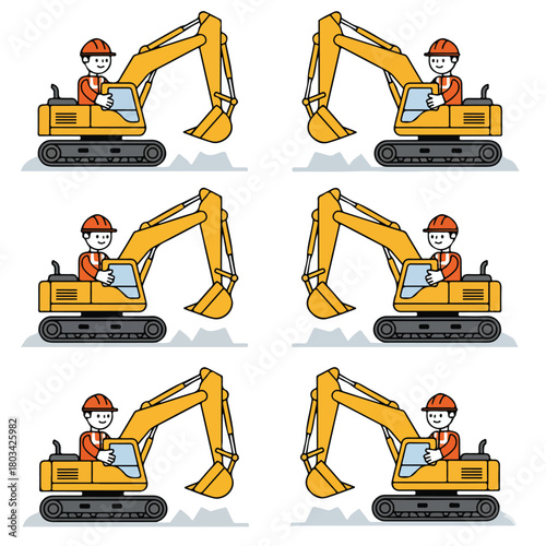 8 set open-pit mine worker operating a large excavator, wearing an orange safety vest and helmet, flat design, simple and minimalistic style, white background