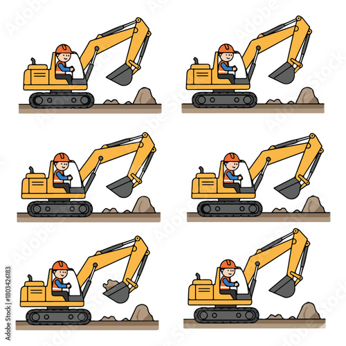 8 set open-pit mine worker operating a large excavator, wearing an orange safety vest and helmet, flat design, simple and minimalistic style, white background
