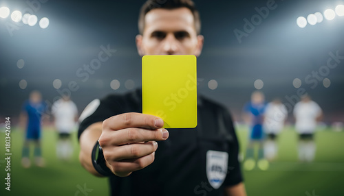 Football Soccer Referee Shows Yellow Card for Fouling in Stadium During Championship Match