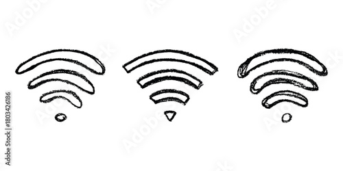 Set of hand drawn free wifi spot zone sign Public wi-fi area sign Wireless internet clipart in doodle style Single element for print, web, design, decor 3G, 4G, 5G, 6G, IoT
