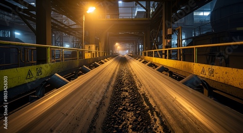 A long conveyor belt stretches into the distance in a dark industrial factory setting.