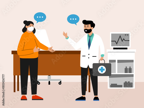 Patient is consulting with a doctor at the hospital. Hospital vector illustration. Flat illustration concept.