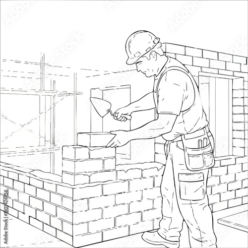 A construction worker meticulously lays bricks, using a trowel to apply mortar, building a wall with precision and skill in this detailed illustration.