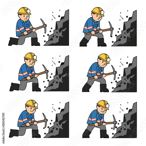 8 set coal miner working underground with a pickaxe and helmet lamp, wearing safety gear, flat design, simple and minimalistic style, white background, 