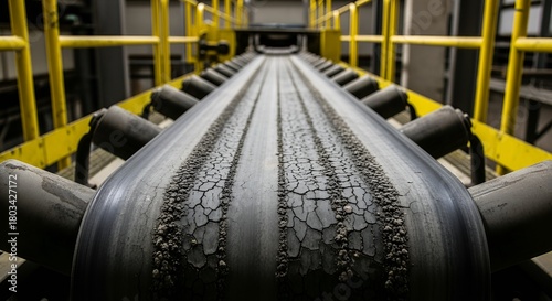 Industrial conveyor belt stretches into distance, gritty surface, and yellow metal supports.