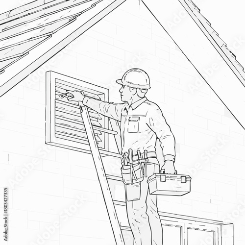 A construction worker uses a ladder to repair a window on a house, performing maintenance and construction work on a building's exterior.
