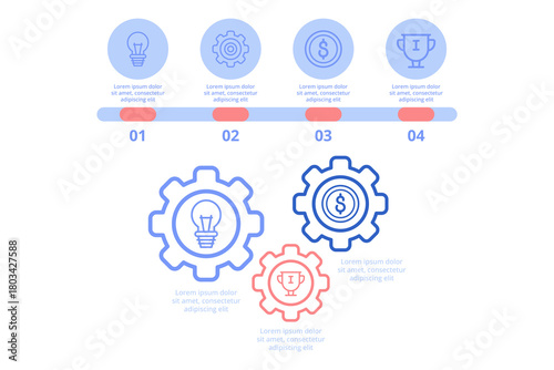 Infographic outlining key business strategies using icons and timelines. It highlighting concepts like creativity and financial success within simple design framework