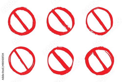 Set of hand drawn prohibition sign No entry symbol Red circle with cross line clipart in doodle style Ban Restriction Forbidden stop Single element for print, web, design