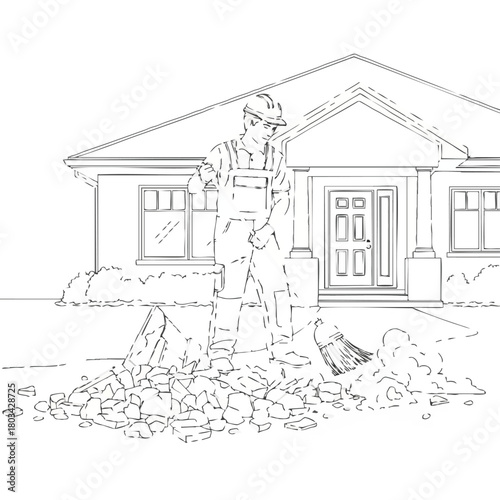 A construction worker sweeps debris in front of a house, showcasing labor and home improvement with a focus on building.