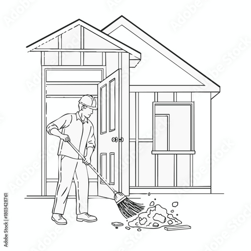A construction worker sweeps debris from a newly built house, ensuring cleanliness and a tidy work environment for the project's completion.