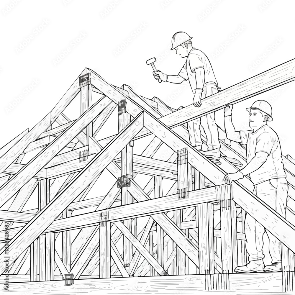 Obraz premium Construction workers meticulously assemble a wooden roof frame, demonstrating teamwork and precision in building a structure for housing.