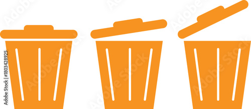 Three vibrant orange recycling bins with open lids arranged on a stark black background ideal for environmental or urban design themes vector