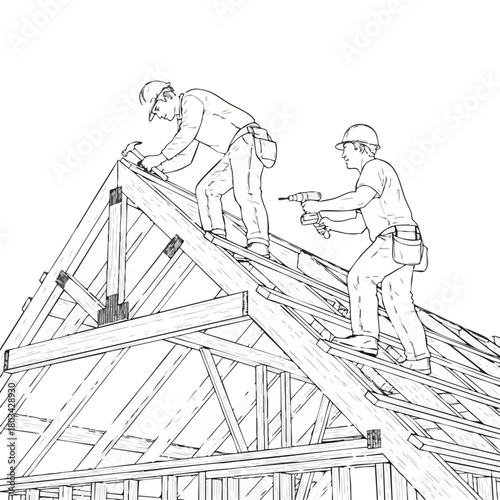 Two construction workers are building a wooden roof, one hammering and the other using a drill, illustrating teamwork and home improvement.