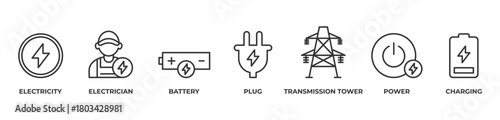 BrightPower Systems Icons set vector illustration outline with Electricity , Electrician, Battery, Plug, Transmission tower, Power, Charging