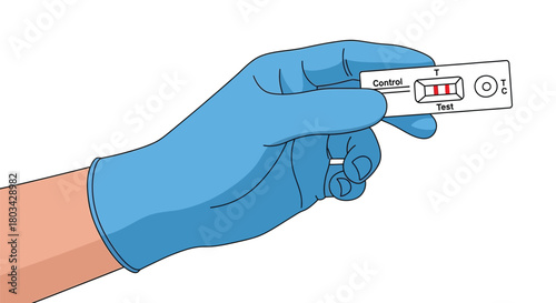 Positive antigen rapid test result in blue gloved hand illustration