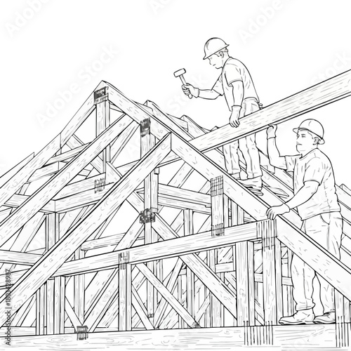 Construction workers meticulously assemble a wooden roof frame, demonstrating teamwork and precision in building a structure for housing.