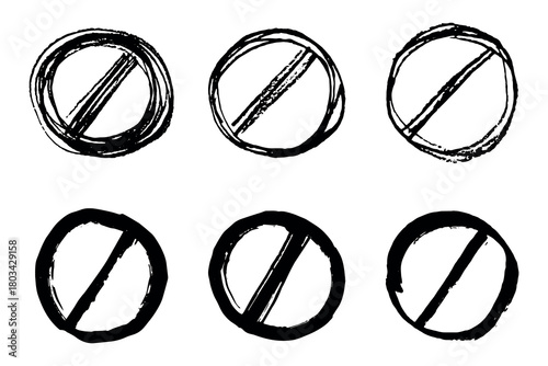 Set of hand drawn prohibition sign No entry symbol Black circle with cross line clipart in doodle style Ban Restriction Forbidden stop Single element for print, web, design