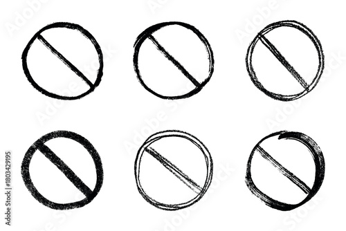 Set of hand drawn prohibition sign No entry symbol Black circle with cross line clipart in doodle style Ban Restriction Forbidden stop Single element for print, web, design