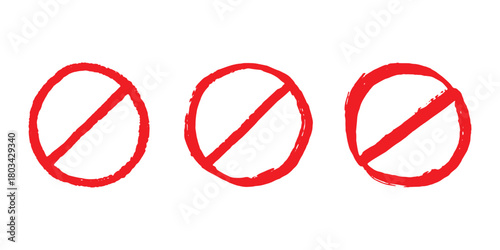 Set of hand drawn prohibition sign No entry symbol Red circle with cross line clipart in doodle style Ban Restriction Forbidden stop Single element for print, web, design