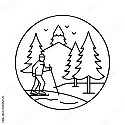 Skiing With Pine Trees And Frozen Lake Line Art Scenic Minimal Outline Minimal Vector White Background Only