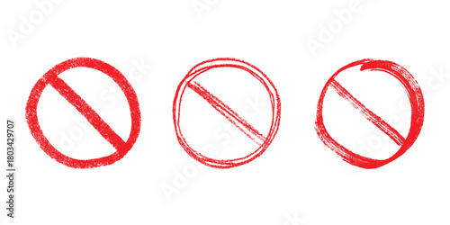 Set of hand drawn prohibition sign No entry symbol Red circle with cross line clipart in doodle style Ban Restriction Forbidden stop Single element for print, web, design