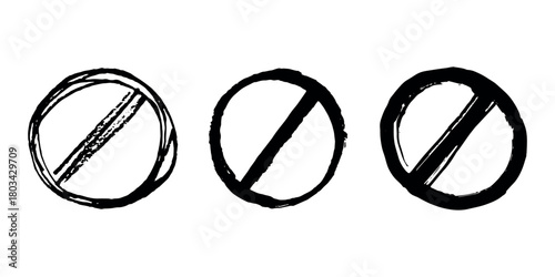 Set of hand drawn prohibition sign No entry symbol Black circle with cross line clipart in doodle style Ban Restriction Forbidden stop Single element for print, web, design