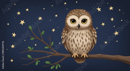 Adorable big-eyed owl perched on a branch under a sparkling starry night sky a whimsical nighttime scene. AI Generated