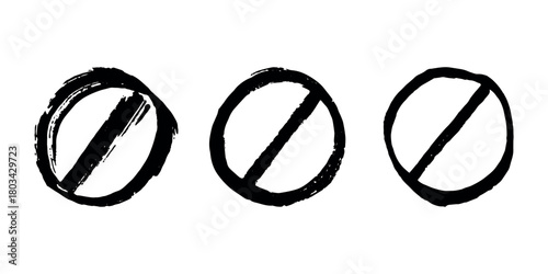 Set of hand drawn prohibition sign No entry symbol Black circle with cross line clipart in doodle style Ban Restriction Forbidden stop Single element for print, web, design