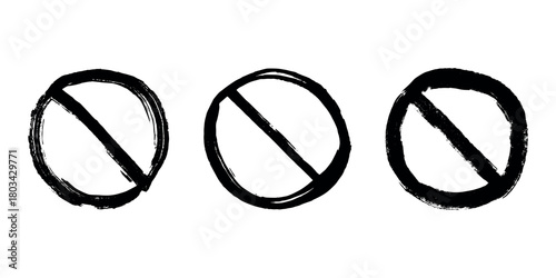 Set of hand drawn prohibition sign No entry symbol Black circle with cross line clipart in doodle style Ban Restriction Forbidden stop Single element for print, web, design