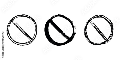 Set of hand drawn prohibition sign No entry symbol Black circle with cross line clipart in doodle style Ban Restriction Forbidden stop Single element for print, web, design