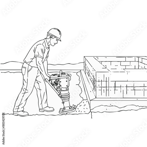 A construction worker uses a plate compactor to compact soil around a building foundation in a detailed black and white illustration.