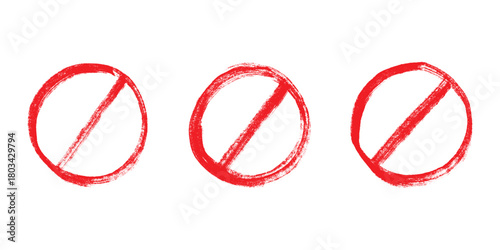 Set of hand drawn prohibition sign No entry symbol Red circle with cross line clipart in doodle style Ban Restriction Forbidden stop Single element for print, web, design