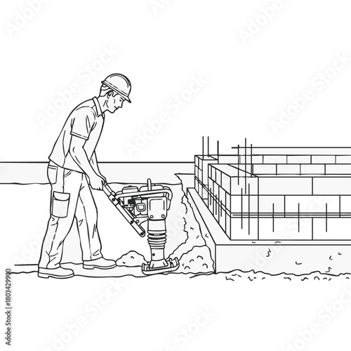 A construction worker uses a plate compactor to compact soil around the foundation of a brick building, ensuring a solid base for the structure.