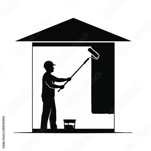A silhouette of a painter inside a house, using a paint roller to apply a fresh coat of paint to the wall, symbolizing home improvement.