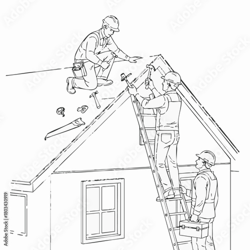 A team of construction workers is shown repairing a roof, with one on the roof, one on a ladder, and another observing the work.