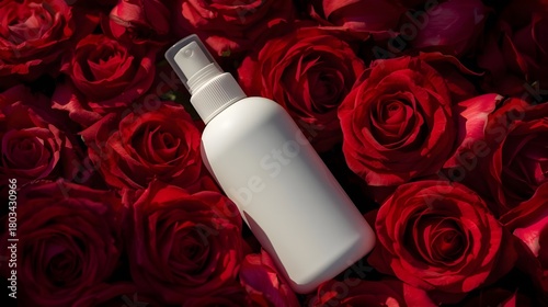 White product bottle on red fresh roses