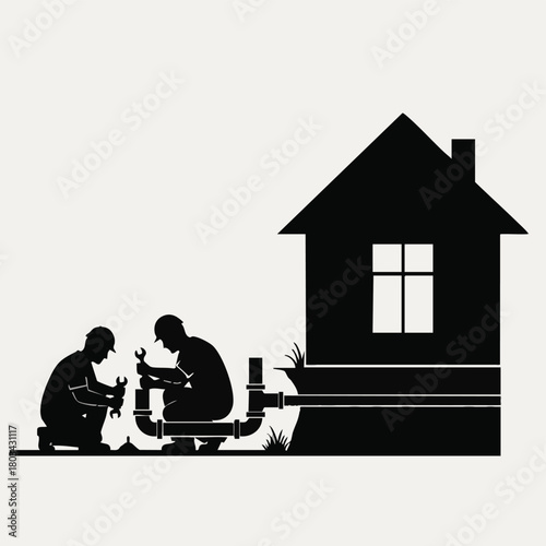 Silhouette of two plumbers working on water pipes near a house, representing home repair and maintenance services for homeowners.