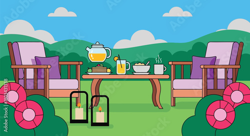 table and chairs in the garden vector illustration