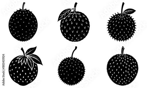 Illustration of six black soursop fruits with leaves in various shapes and orientations on white background