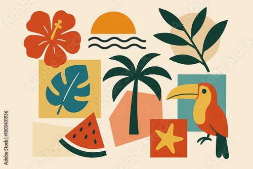 Vibrant illustration of hibiscus, sun, leaf, palm, toucan, starfish, watermelon on bold backgrounds.