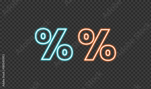 Two neon percentage signs in purple and orange on transparent background