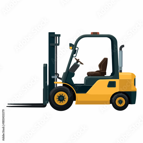 Vector illustration of a yellow and black forklift with forks extended on a white background