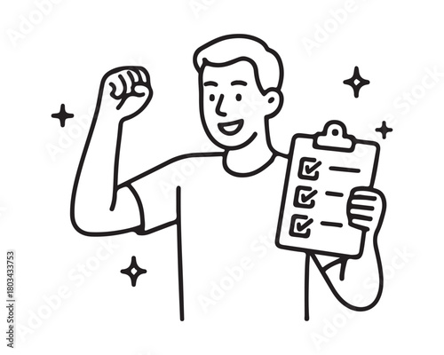 Dynamic person celebrates achieving goals with checklist and triumphant fist pump, radiating success and motivation