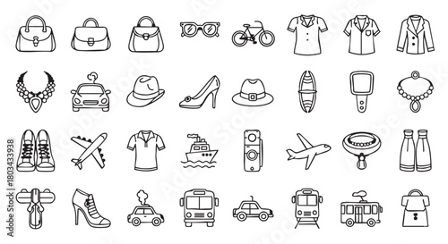 Black and white outline icons for travel shopping and transportation