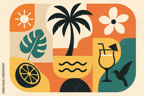 Vibrant illustration of hibiscus, sun, leaf, palm, toucan, starfish, watermelon on bold backgrounds.