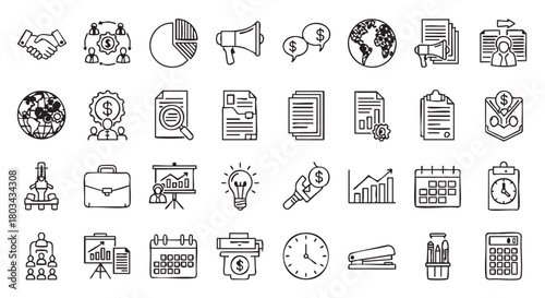 Business and Finance Doodle Icon Set in Black and White Vector